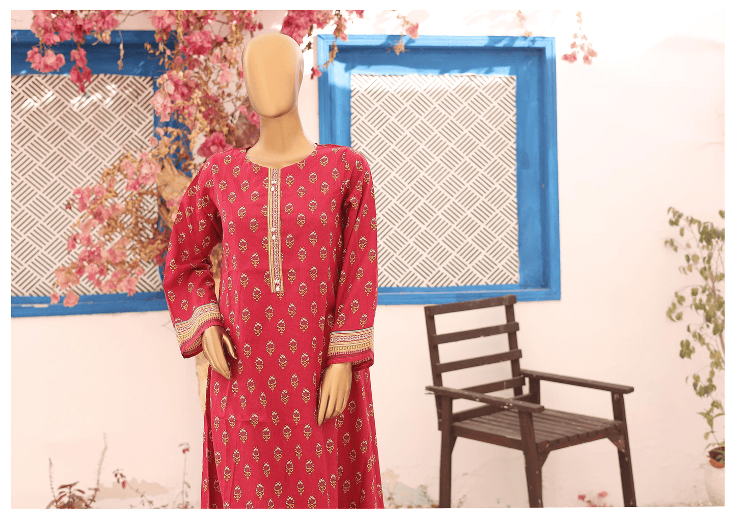 (Red) 2 Pc Printed Lawn Frock by Naubahar