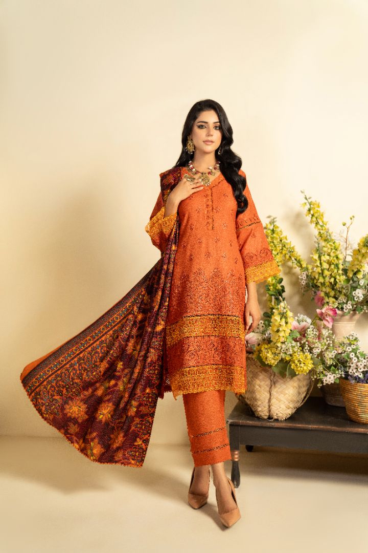 3 PC EMBROIDERED SCHIFFLI DHANAK DRESS WITH WOOL SHAWL-MUNIRA