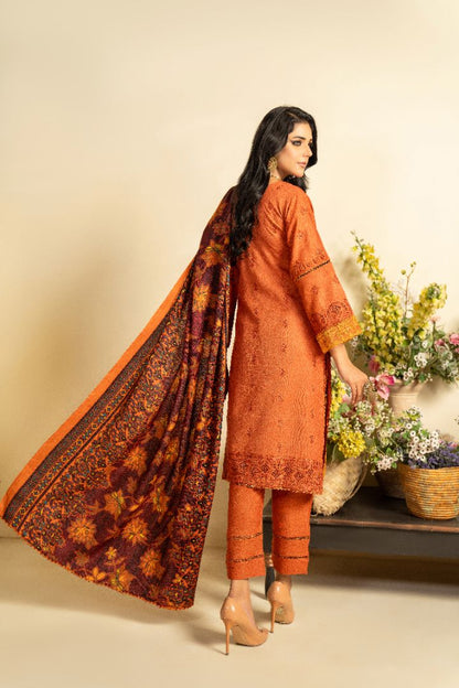 3 PC EMBROIDERED SCHIFFLI DHANAK DRESS WITH WOOL SHAWL-MUNIRA