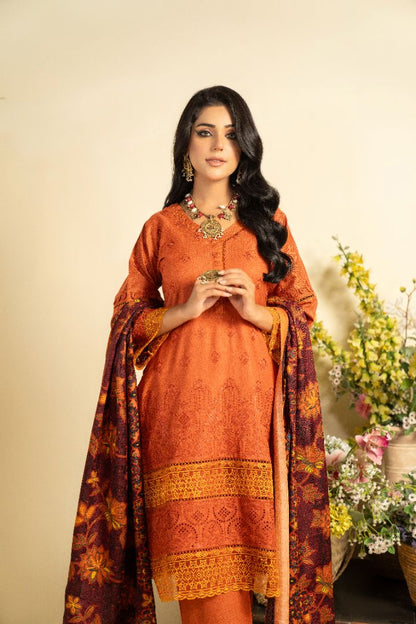 3 PC EMBROIDERED SCHIFFLI DHANAK DRESS WITH WOOL SHAWL-MUNIRA