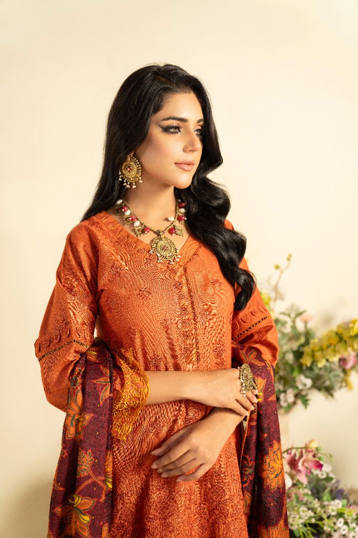 3 PC EMBROIDERED SCHIFFLI DHANAK DRESS WITH WOOL SHAWL-MUNIRA