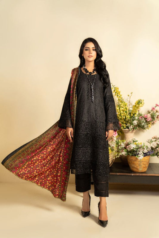 3 PC EMBROIDERED SCHIFFLI DHANAK DRESS WITH WOOL SHAWL-MUNIRA