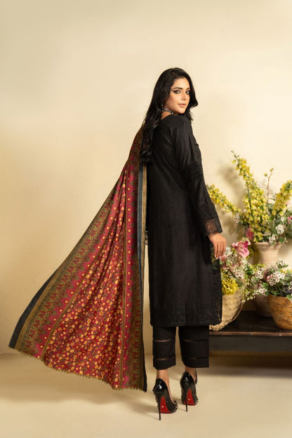 3 PC EMBROIDERED SCHIFFLI DHANAK DRESS WITH WOOL SHAWL-MUNIRA