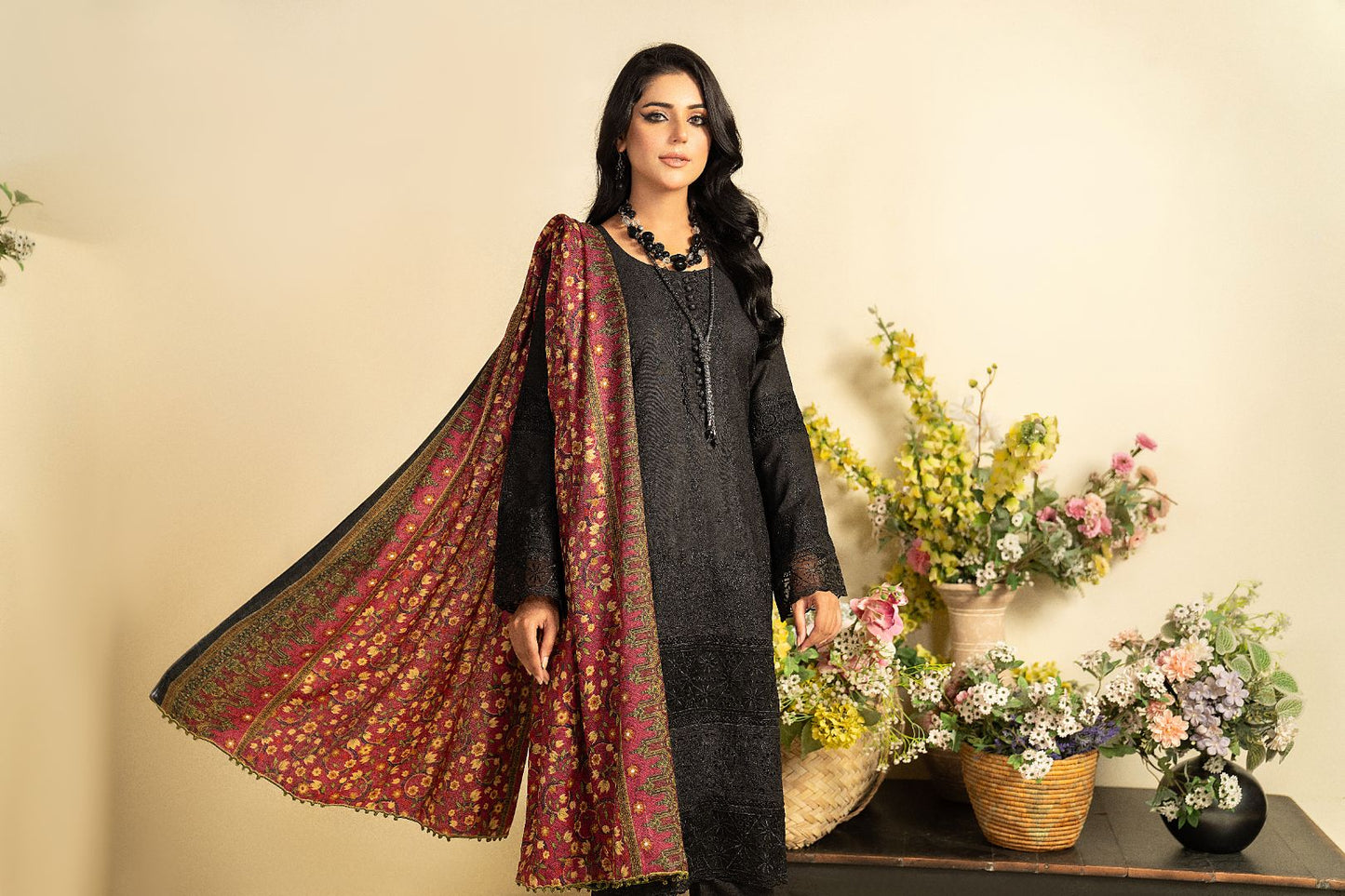 3 PC EMBROIDERED SCHIFFLI DHANAK DRESS WITH WOOL SHAWL-MUNIRA