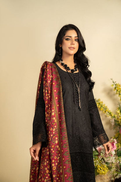 3 PC EMBROIDERED SCHIFFLI DHANAK DRESS WITH WOOL SHAWL-MUNIRA