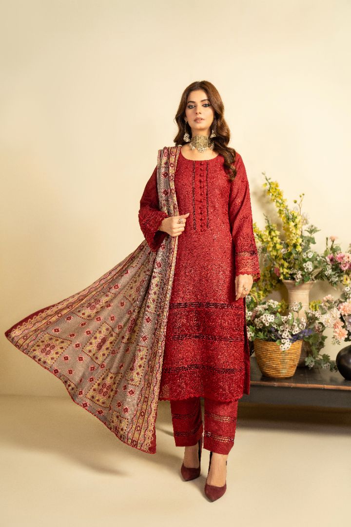 3 PC EMBROIDERED SCHIFFLI DHANAK DRESS WITH WOOL SHAWL-MUNIRA