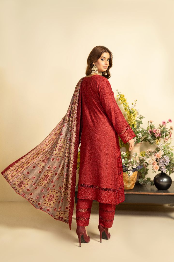 3 PC EMBROIDERED SCHIFFLI DHANAK DRESS WITH WOOL SHAWL-MUNIRA