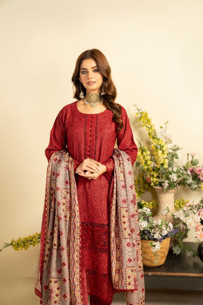 3 PC EMBROIDERED SCHIFFLI DHANAK DRESS WITH WOOL SHAWL-MUNIRA