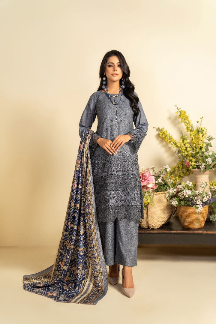 3 PC EMBROIDERED SCHIFFLI DHANAK DRESS WITH WOOL SHAWL-MUNIRA