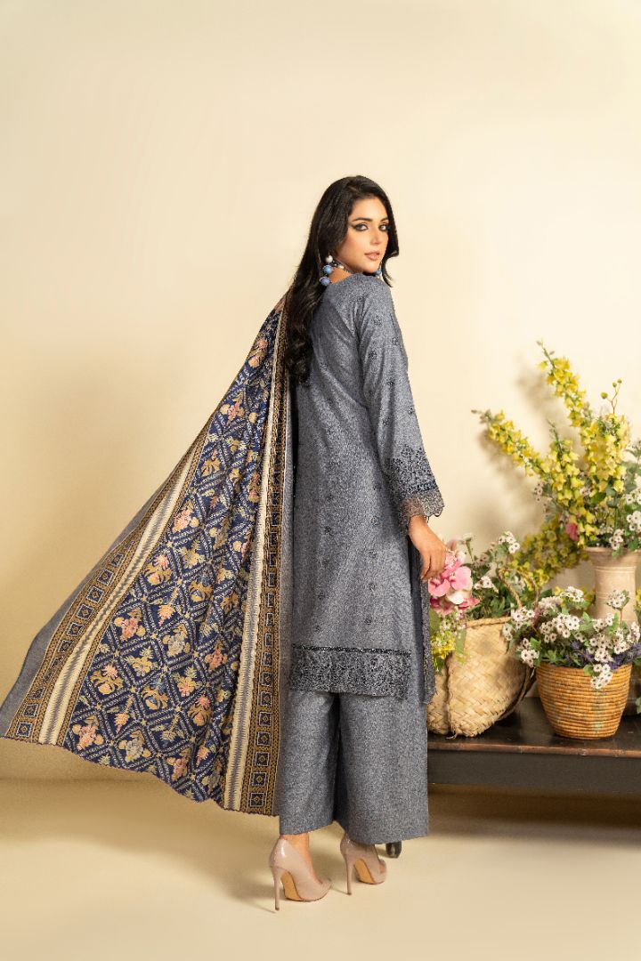 3 PC EMBROIDERED SCHIFFLI DHANAK DRESS WITH WOOL SHAWL-MUNIRA