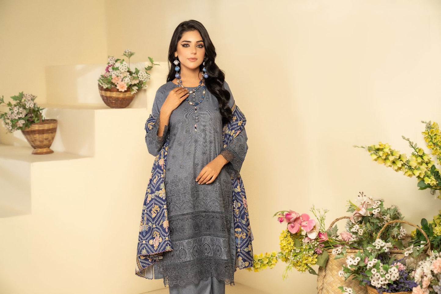 3 PC EMBROIDERED SCHIFFLI DHANAK DRESS WITH WOOL SHAWL-MUNIRA