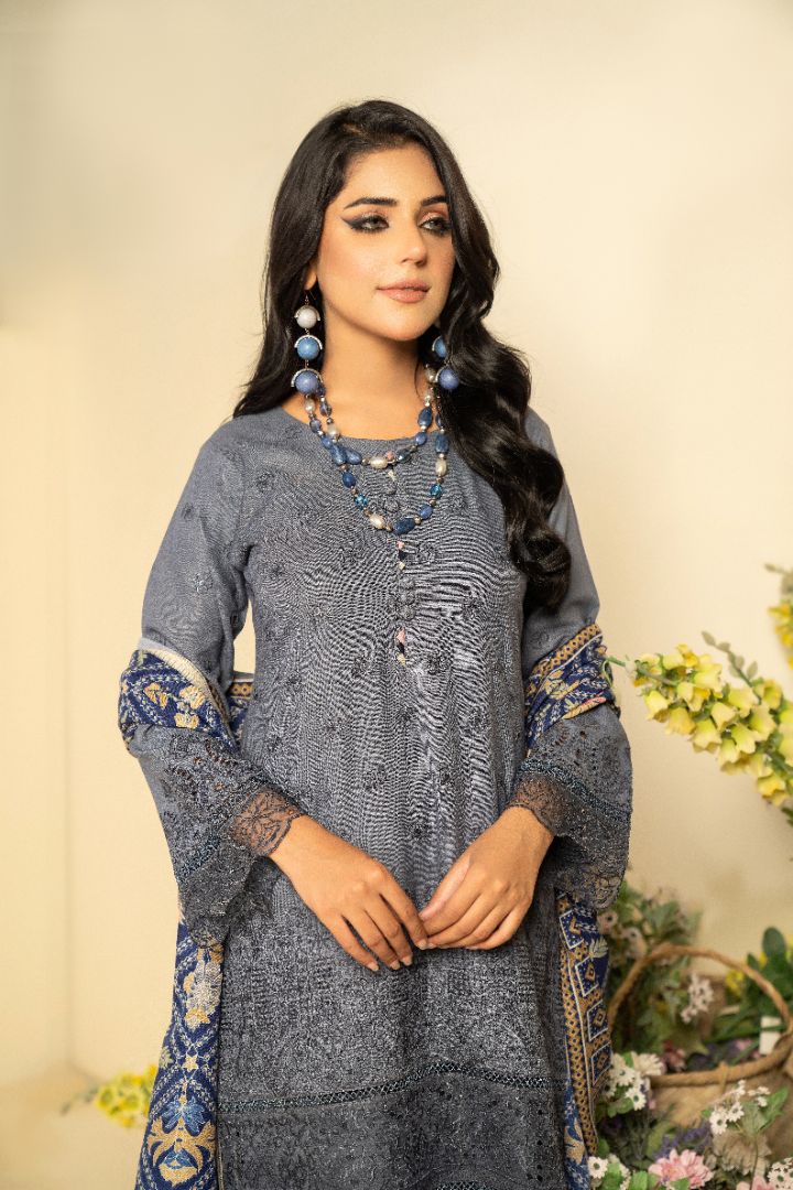 3 PC EMBROIDERED SCHIFFLI DHANAK DRESS WITH WOOL SHAWL-MUNIRA