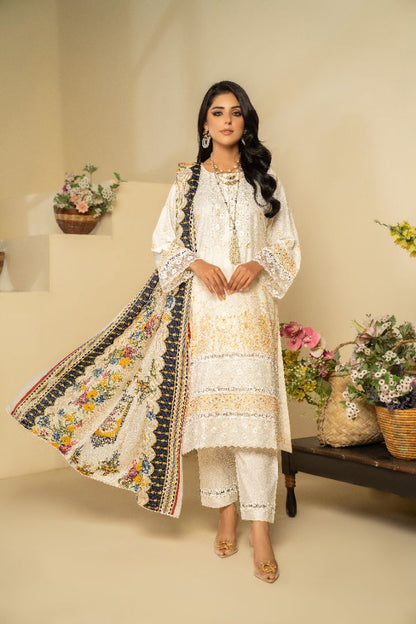 3 PC EMBROIDERED SCHIFFLI DHANAK DRESS WITH WOOL SHAWL-MUNIRA