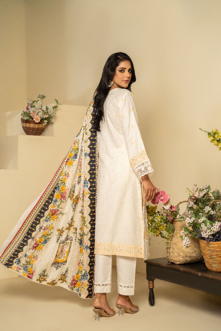 3 PC EMBROIDERED SCHIFFLI DHANAK DRESS WITH WOOL SHAWL-MUNIRA