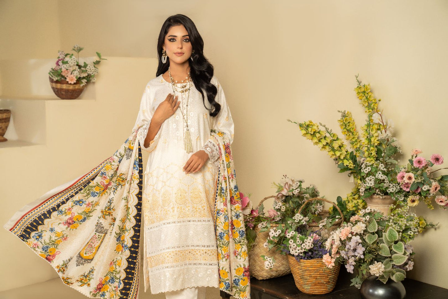 3 PC EMBROIDERED SCHIFFLI DHANAK DRESS WITH WOOL SHAWL-MUNIRA