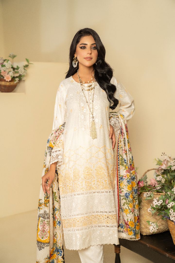 3 PC EMBROIDERED SCHIFFLI DHANAK DRESS WITH WOOL SHAWL-MUNIRA