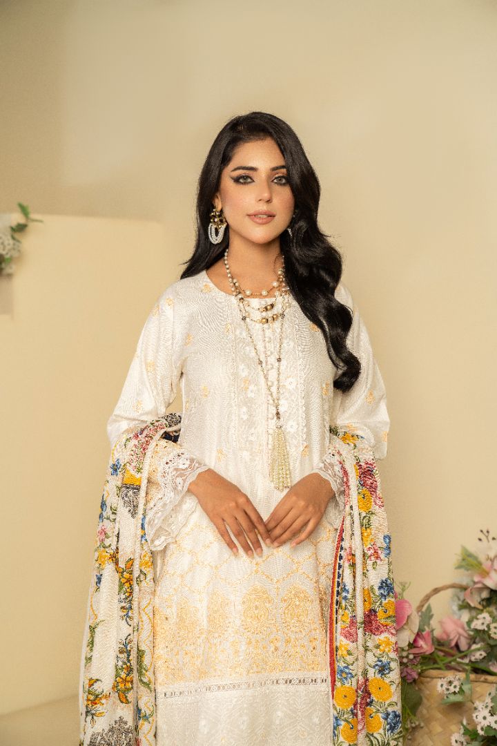 3 PC EMBROIDERED SCHIFFLI DHANAK DRESS WITH WOOL SHAWL-MUNIRA