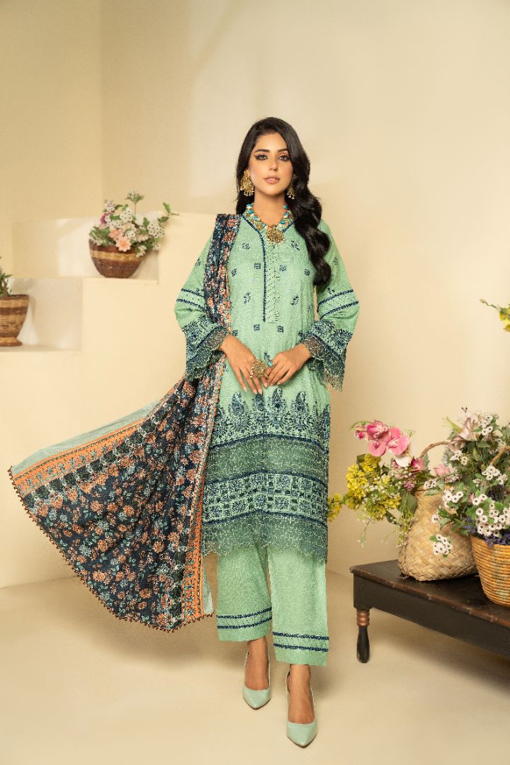 3 PC EMBROIDERED SCHIFFLI DHANAK DRESS WITH WOOL SHAWL-MUNIRA