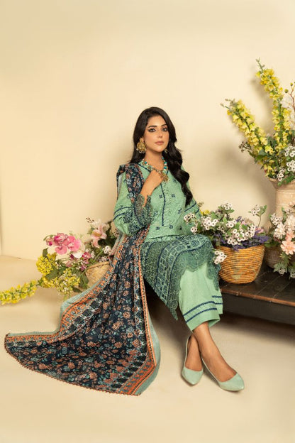 3 PC EMBROIDERED SCHIFFLI DHANAK DRESS WITH WOOL SHAWL-MUNIRA