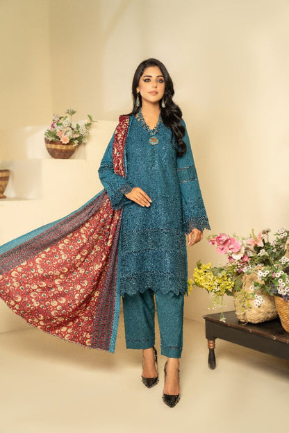 3 PC EMBROIDERED SCHIFFLI DHANAK DRESS WITH WOOL SHAWL-MUNIRA