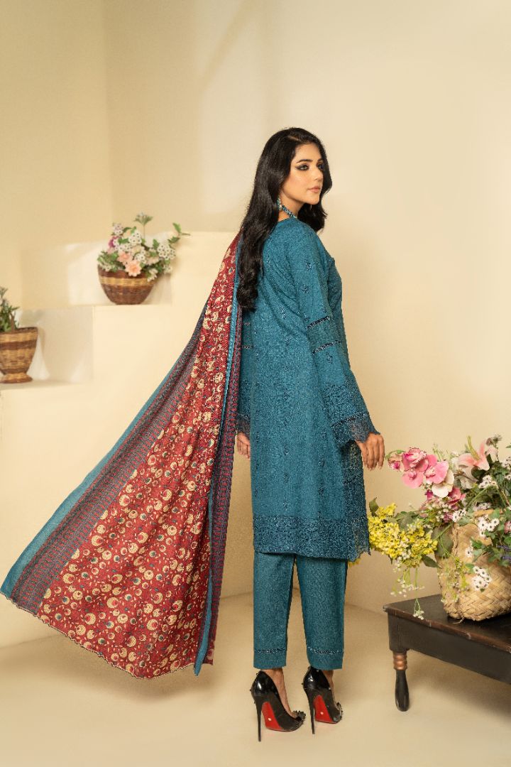 3 PC EMBROIDERED SCHIFFLI DHANAK DRESS WITH WOOL SHAWL-MUNIRA