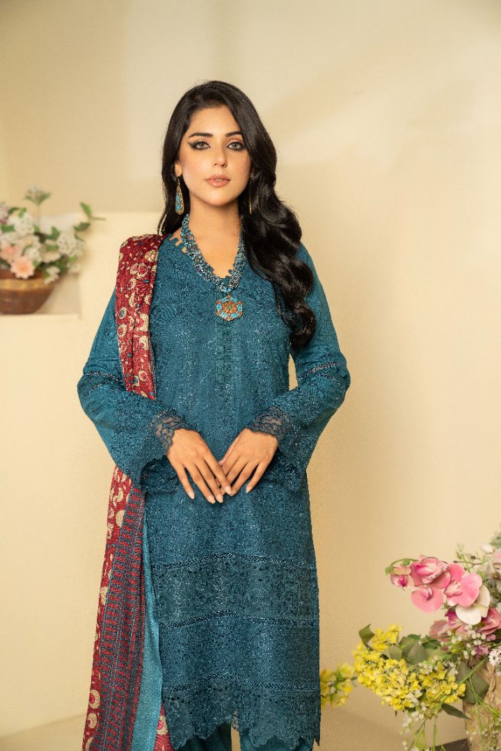 3 PC EMBROIDERED SCHIFFLI DHANAK DRESS WITH WOOL SHAWL-MUNIRA