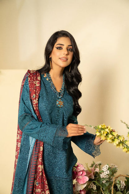 3 PC EMBROIDERED SCHIFFLI DHANAK DRESS WITH WOOL SHAWL-MUNIRA