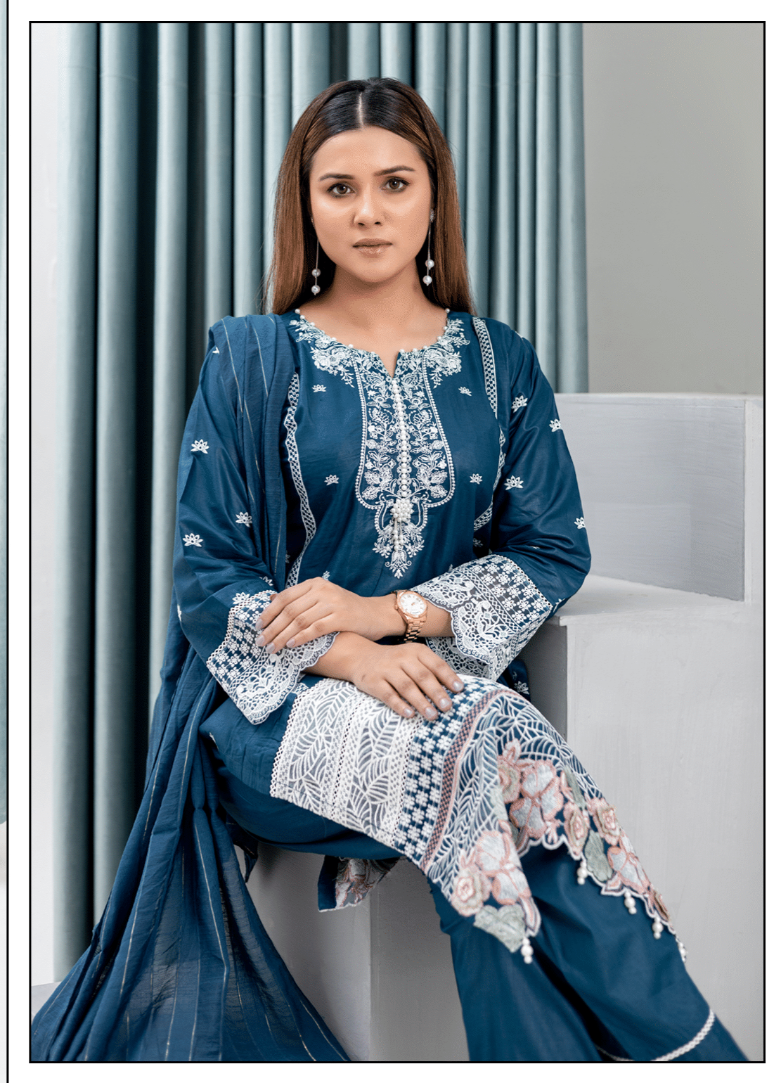 Blue | Reay to Wear| Embroidered Lawn 3Pc dress - Rangz