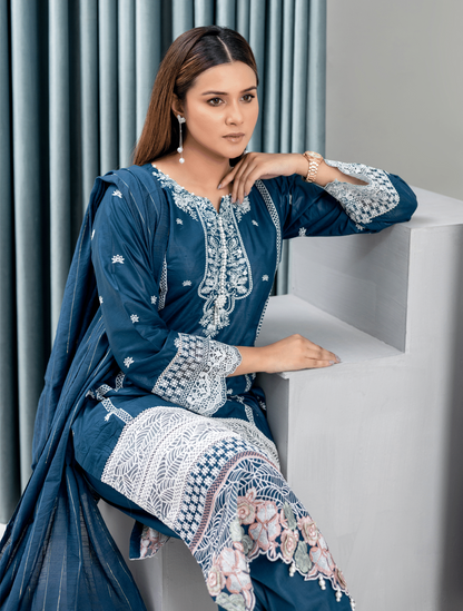 Blue | Reay to Wear| Embroidered Lawn 3Pc dress - Rangz