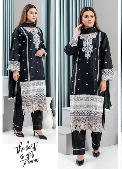 Black | Reay to Wear| Embroidered Lawn 3Pc dress - Rangz