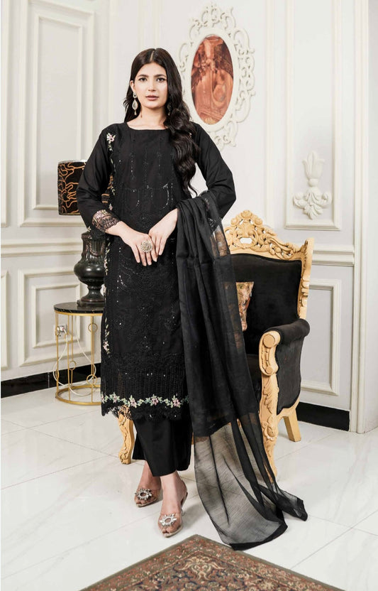 (Black) 3 Pc Luxury Chikenkari Cotton by Simrans