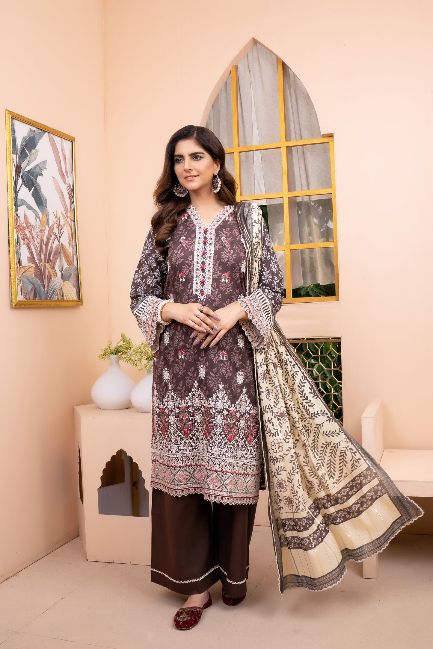 (Brown) 3Pc Printed Embroidered Lawn Dress by MUNIRA