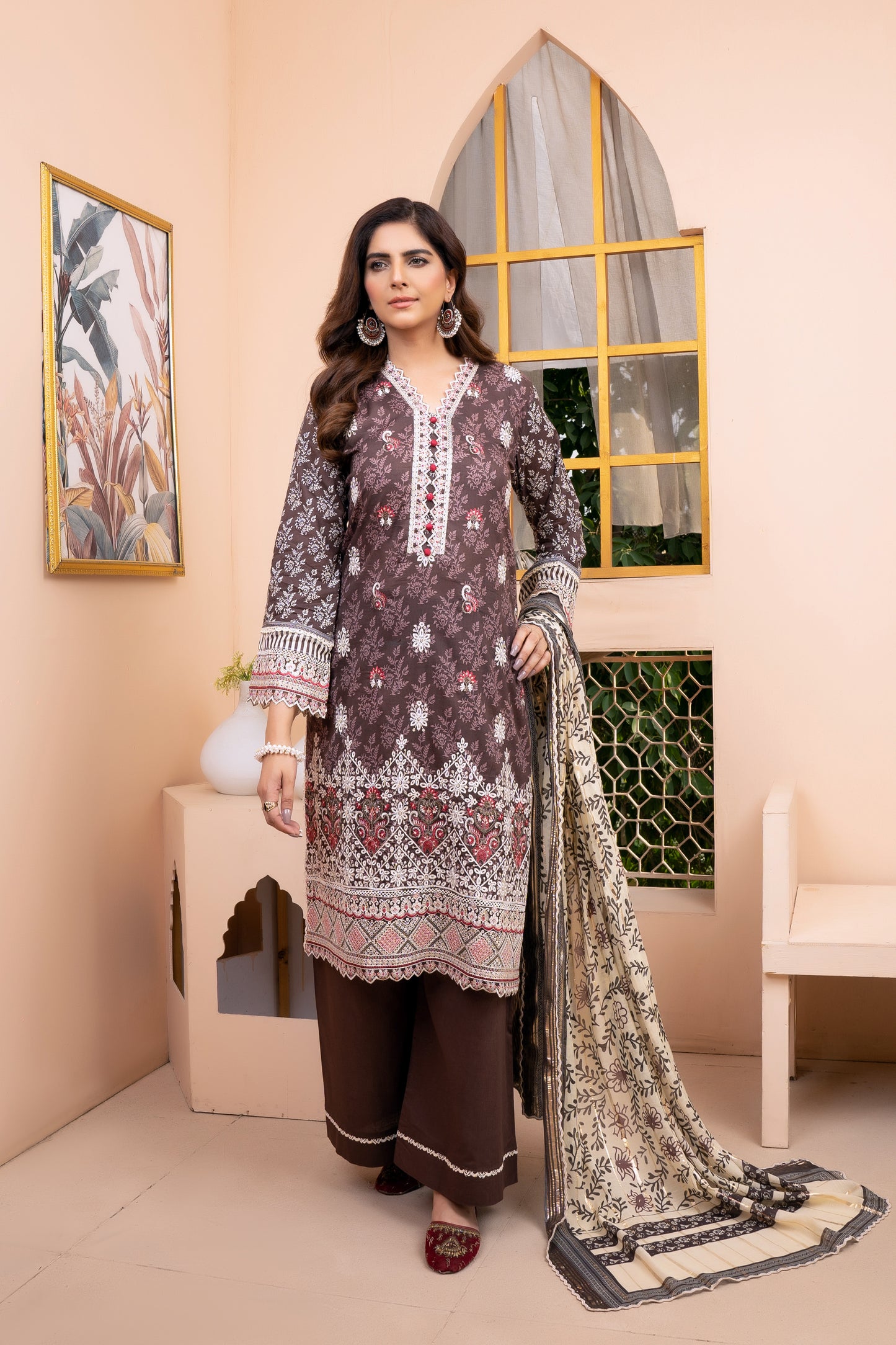 (Brown) 3Pc Printed Embroidered Lawn Dress by MUNIRA