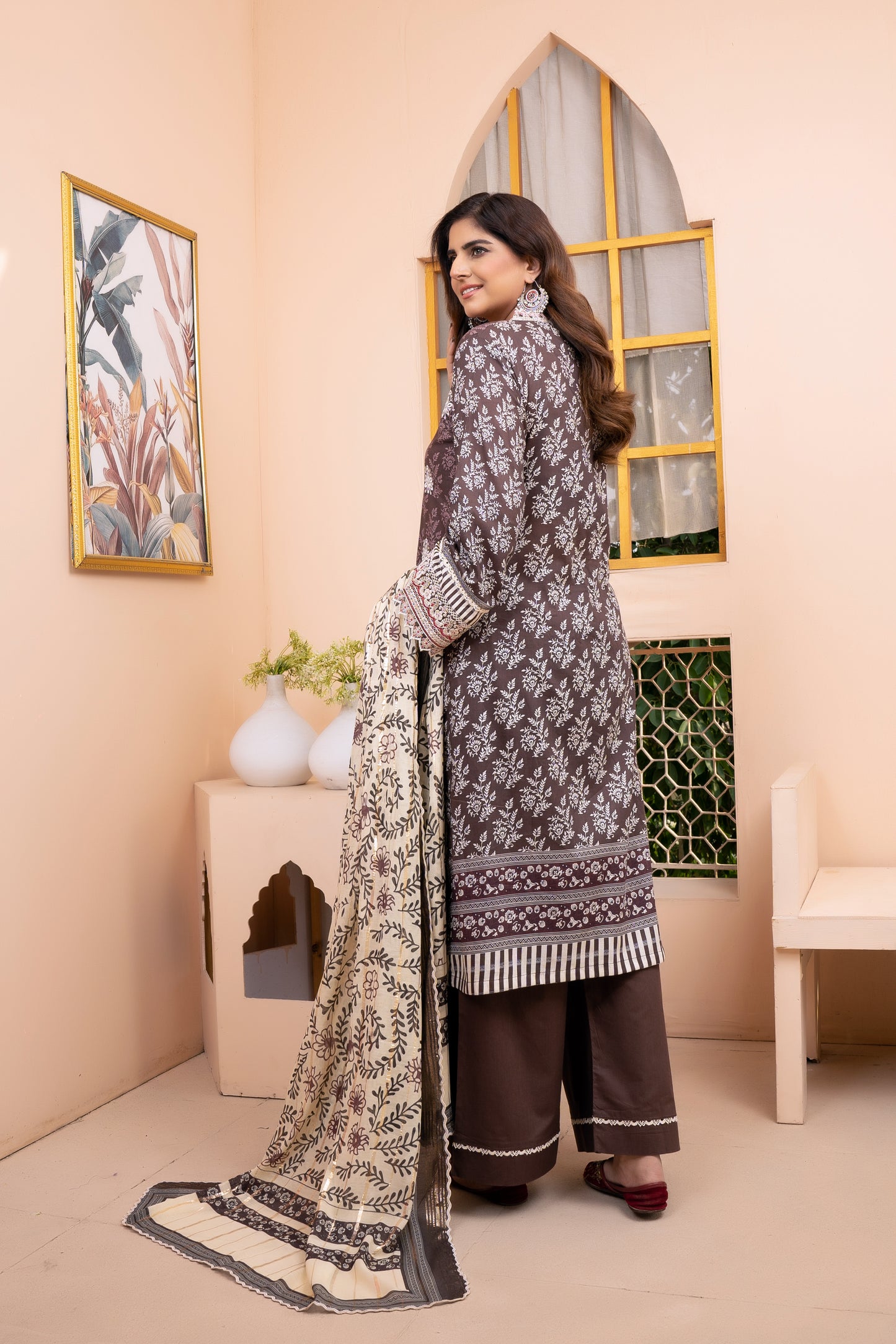 (Brown) 3Pc Printed Embroidered Lawn Dress by MUNIRA