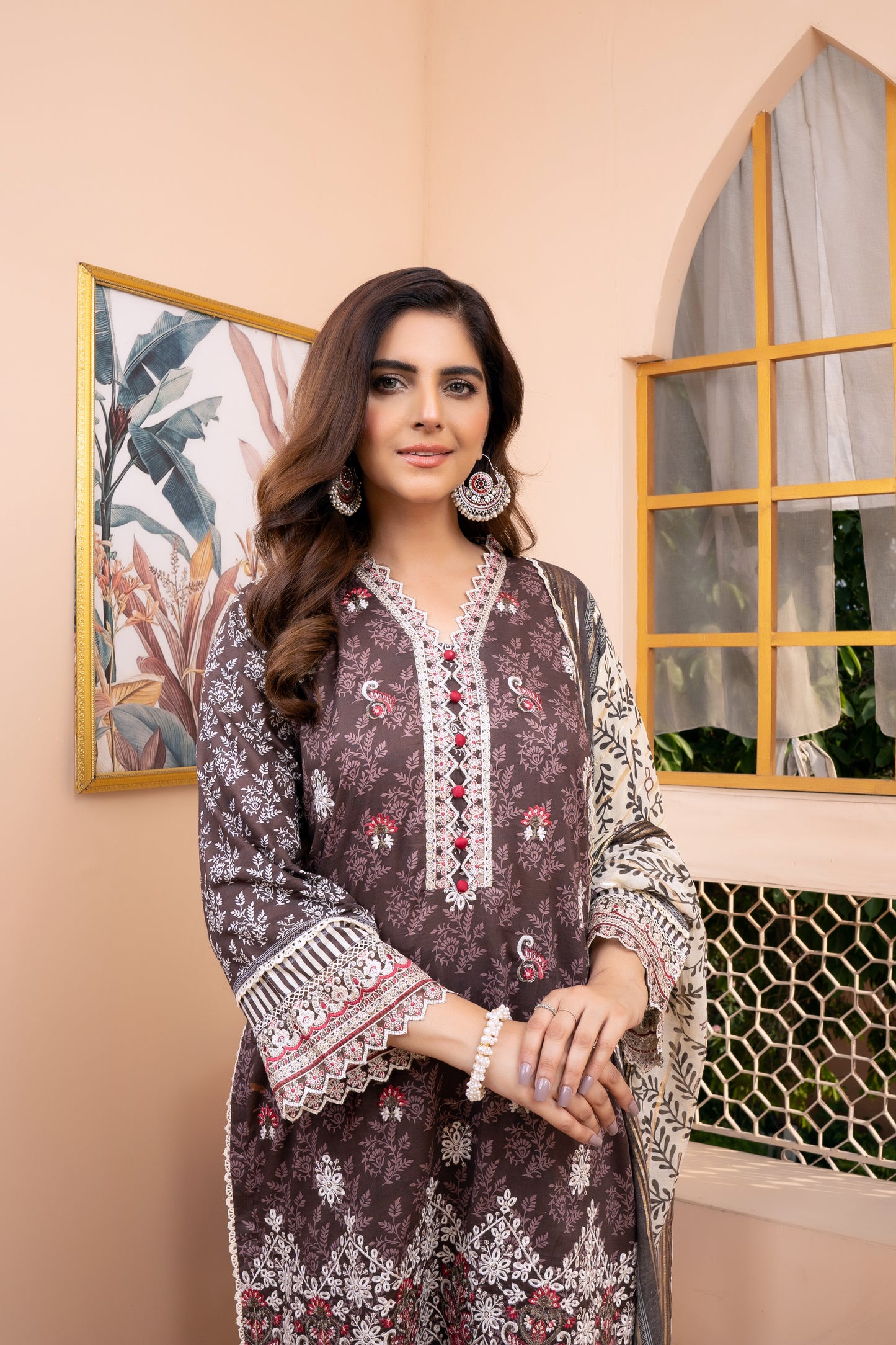 (Brown) 3Pc Printed Embroidered Lawn Dress by MUNIRA