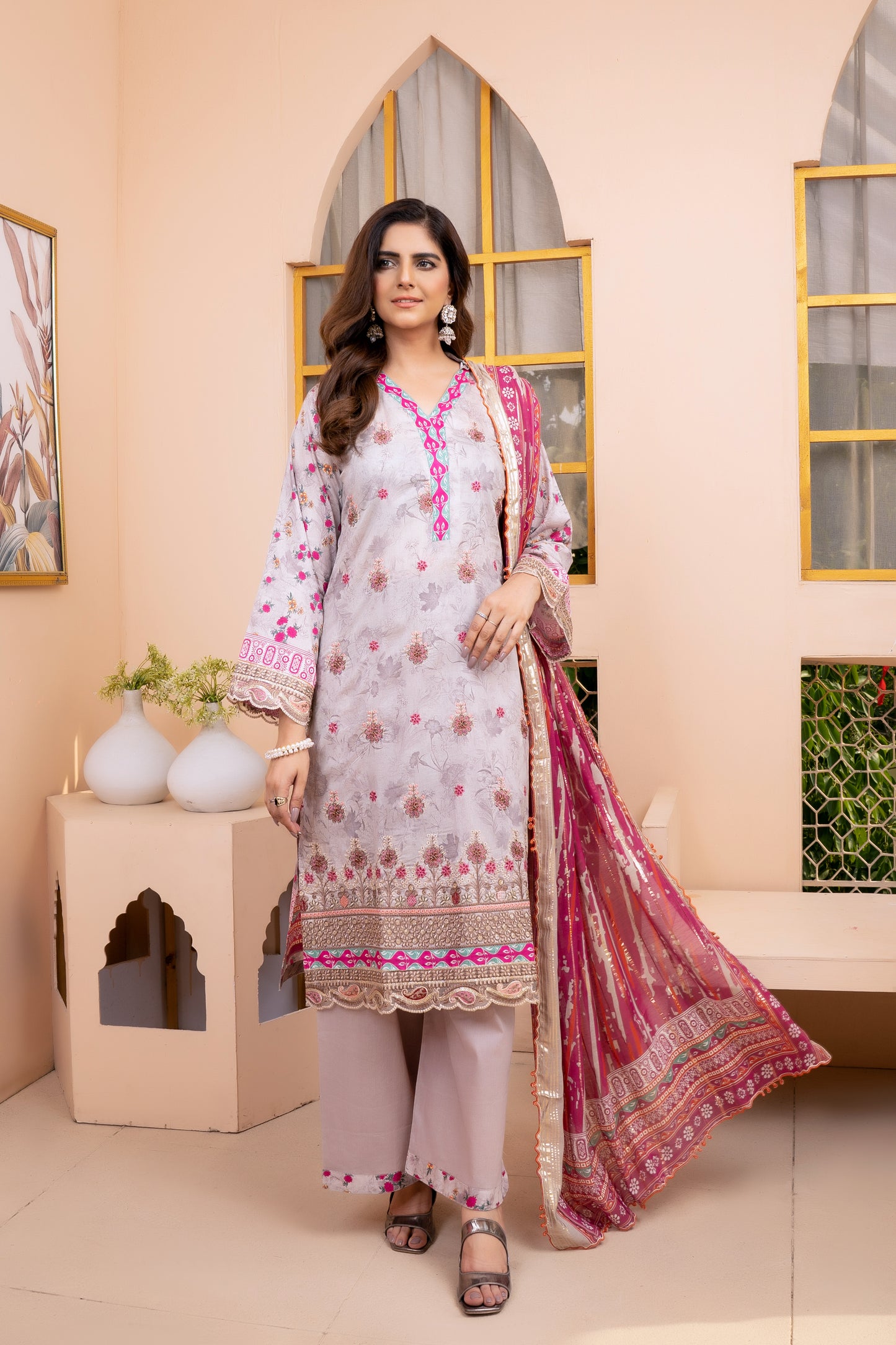 (Pinkish Grey) 3Pc Printed Embroidered Lawn Dress by MUNIRA