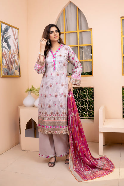 (Pinkish Grey) 3Pc Printed Embroidered Lawn Dress by MUNIRA