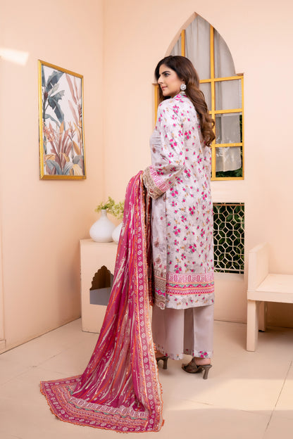 (Pinkish Grey) 3Pc Printed Embroidered Lawn Dress by MUNIRA