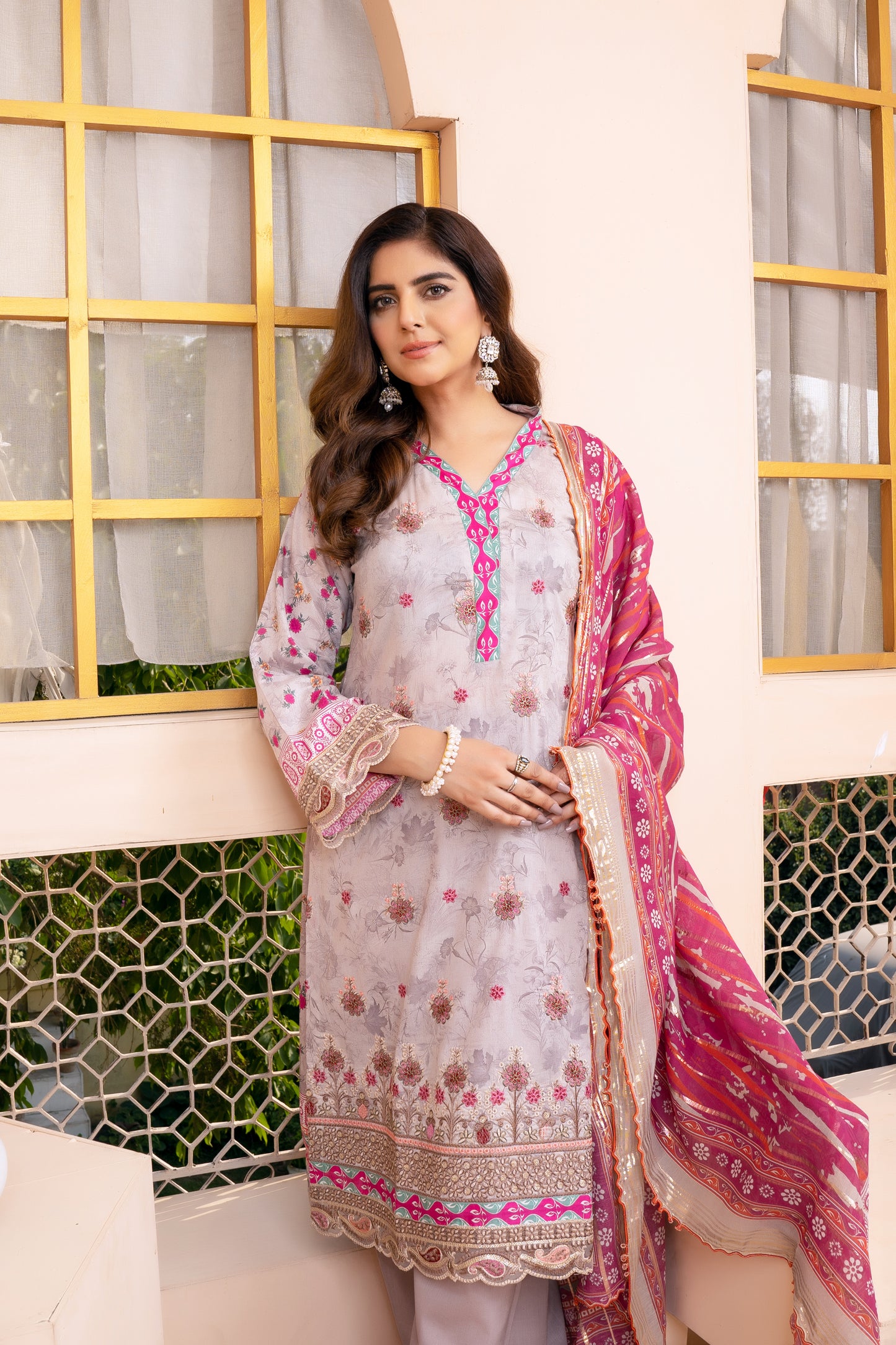 (Pinkish Grey) 3Pc Printed Embroidered Lawn Dress by MUNIRA