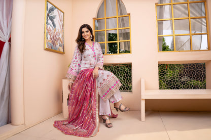 (Pinkish Grey) 3Pc Printed Embroidered Lawn Dress by MUNIRA