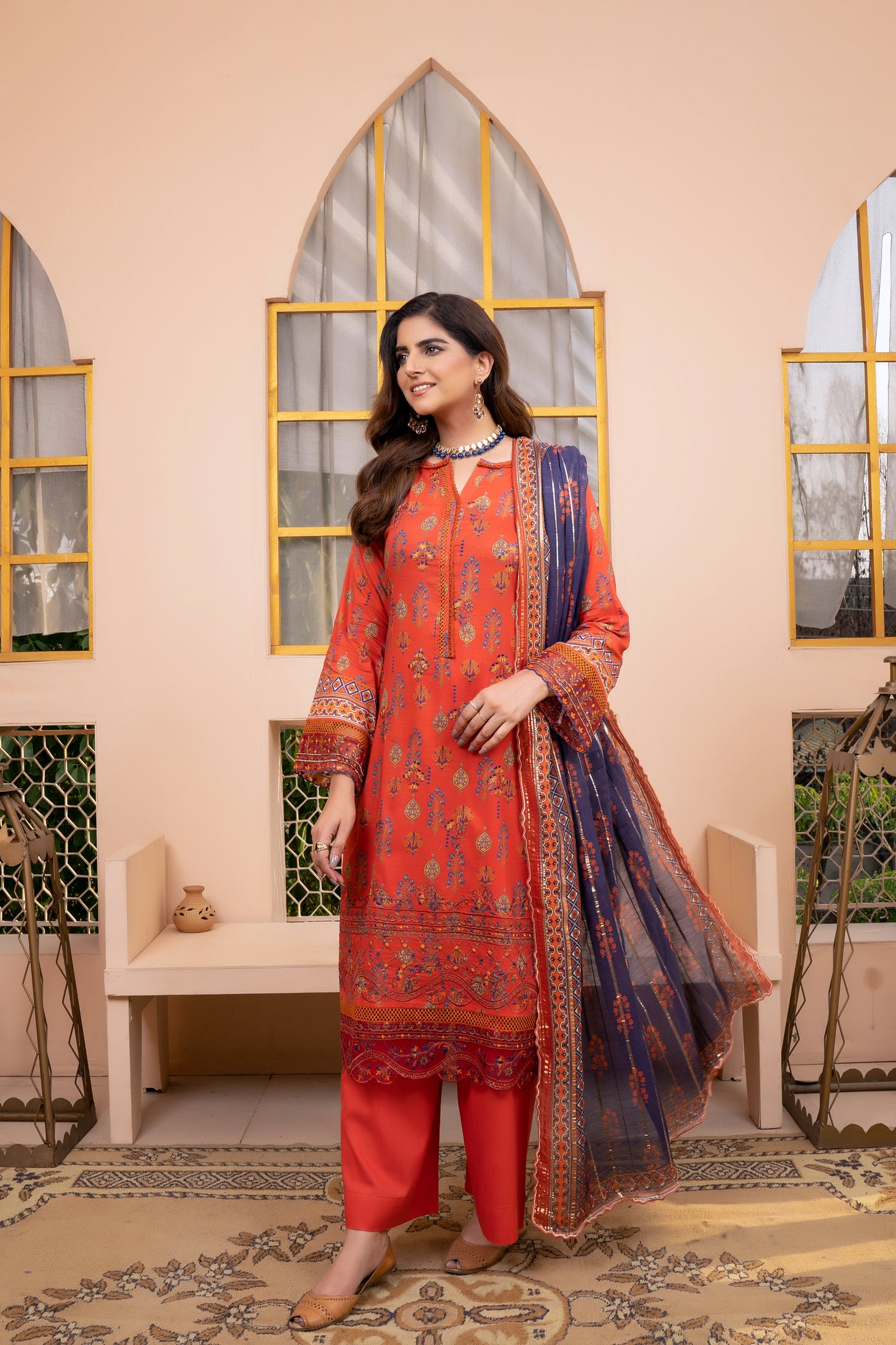 (Orange) 3Pc Printed Embroidered Lawn Dress by MUNIRA