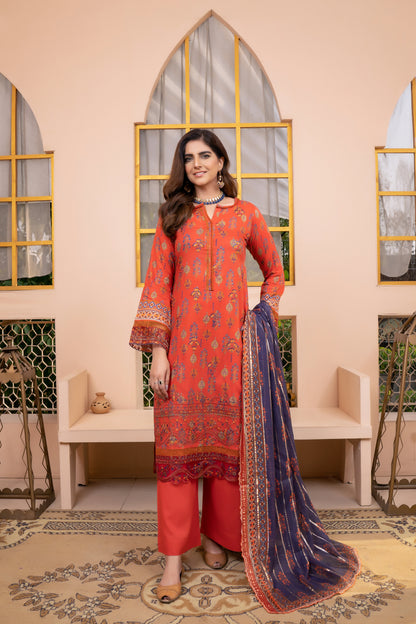 (Orange) 3Pc Printed Embroidered Lawn Dress by MUNIRA