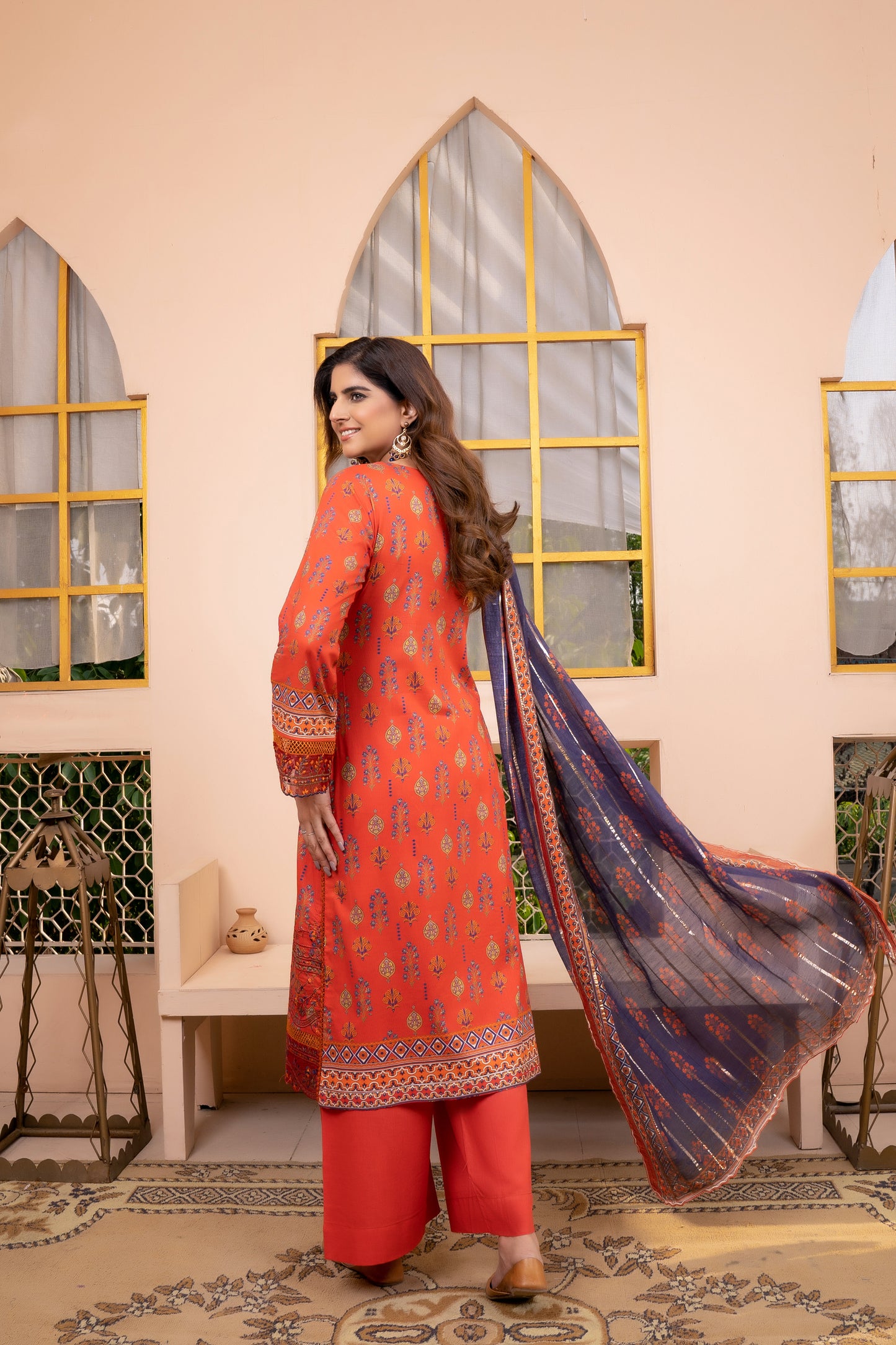 (Orange) 3Pc Printed Embroidered Lawn Dress by MUNIRA