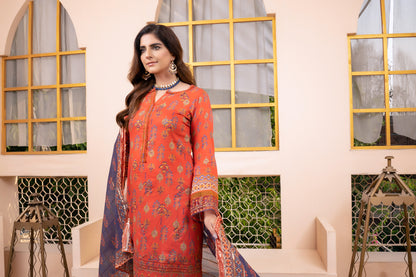 (Orange) 3Pc Printed Embroidered Lawn Dress by MUNIRA