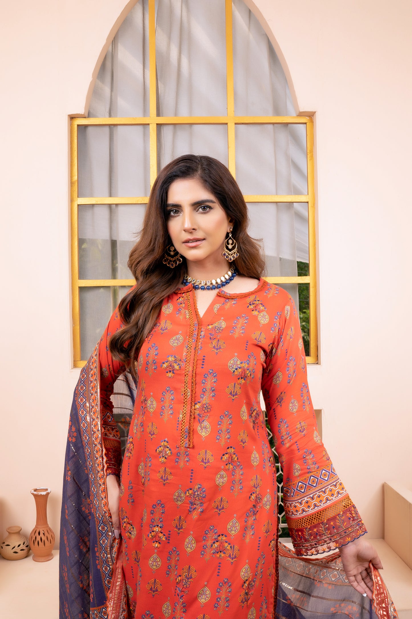 (Orange) 3Pc Printed Embroidered Lawn Dress by MUNIRA