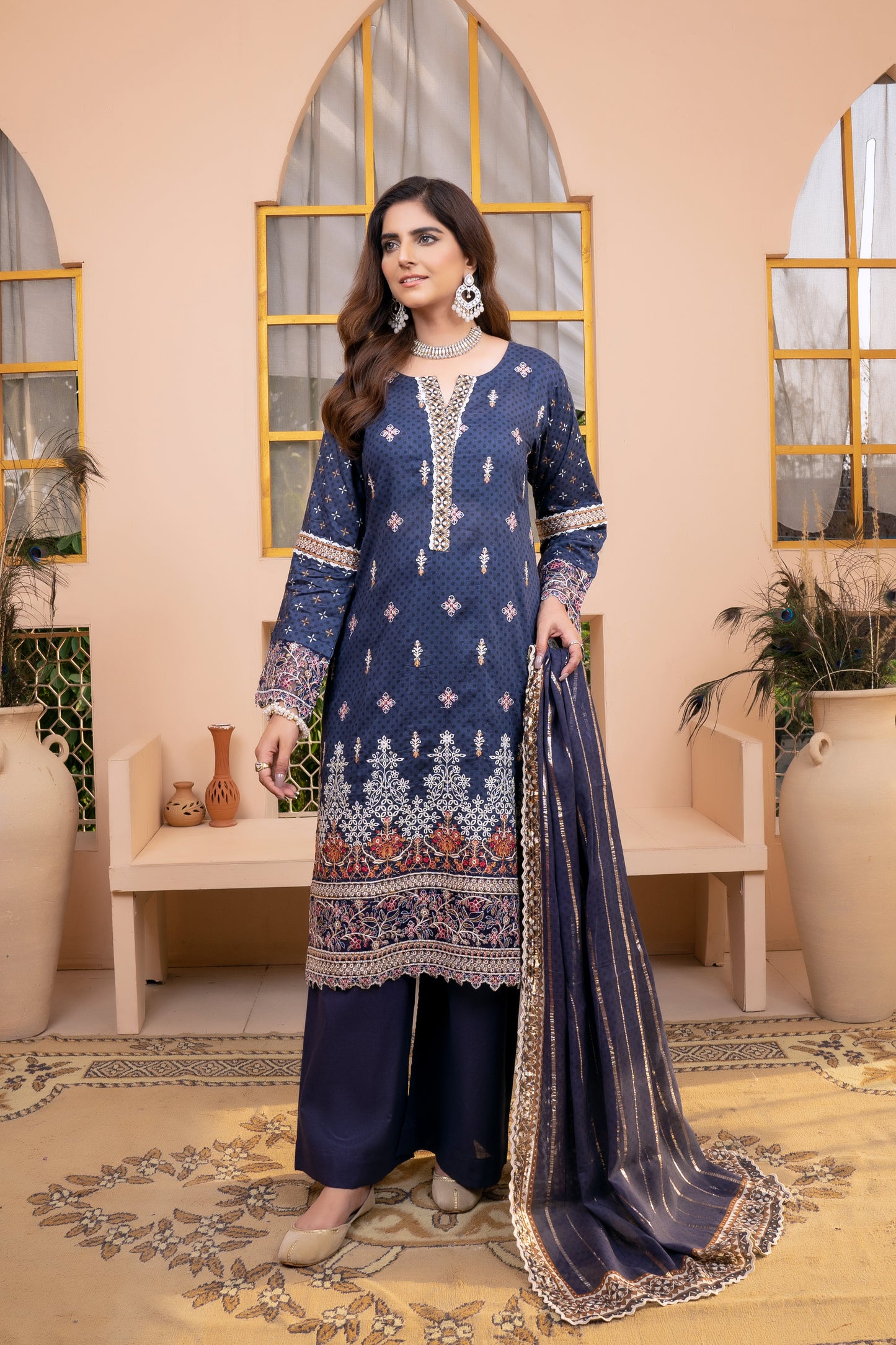 (Blue) 3Pc Printed Embroidered Lawn Dress by MUNIRA