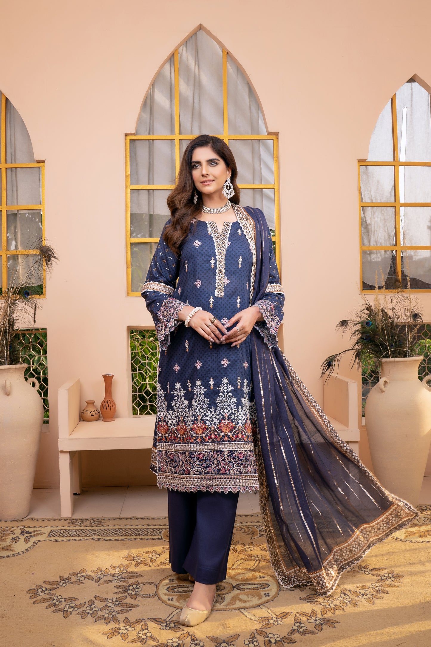 (Blue) 3Pc Printed Embroidered Lawn Dress by MUNIRA