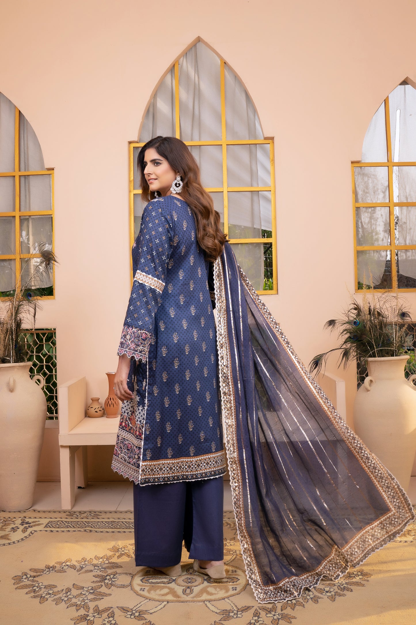 (Blue) 3Pc Printed Embroidered Lawn Dress by MUNIRA