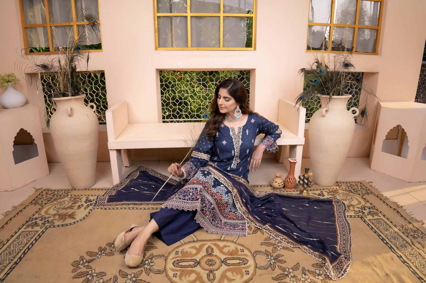 (Blue) 3Pc Printed Embroidered Lawn Dress by MUNIRA