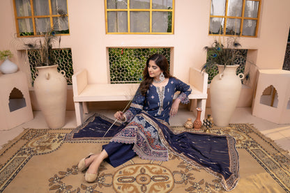 (Blue) 3Pc Printed Embroidered Lawn Dress by MUNIRA